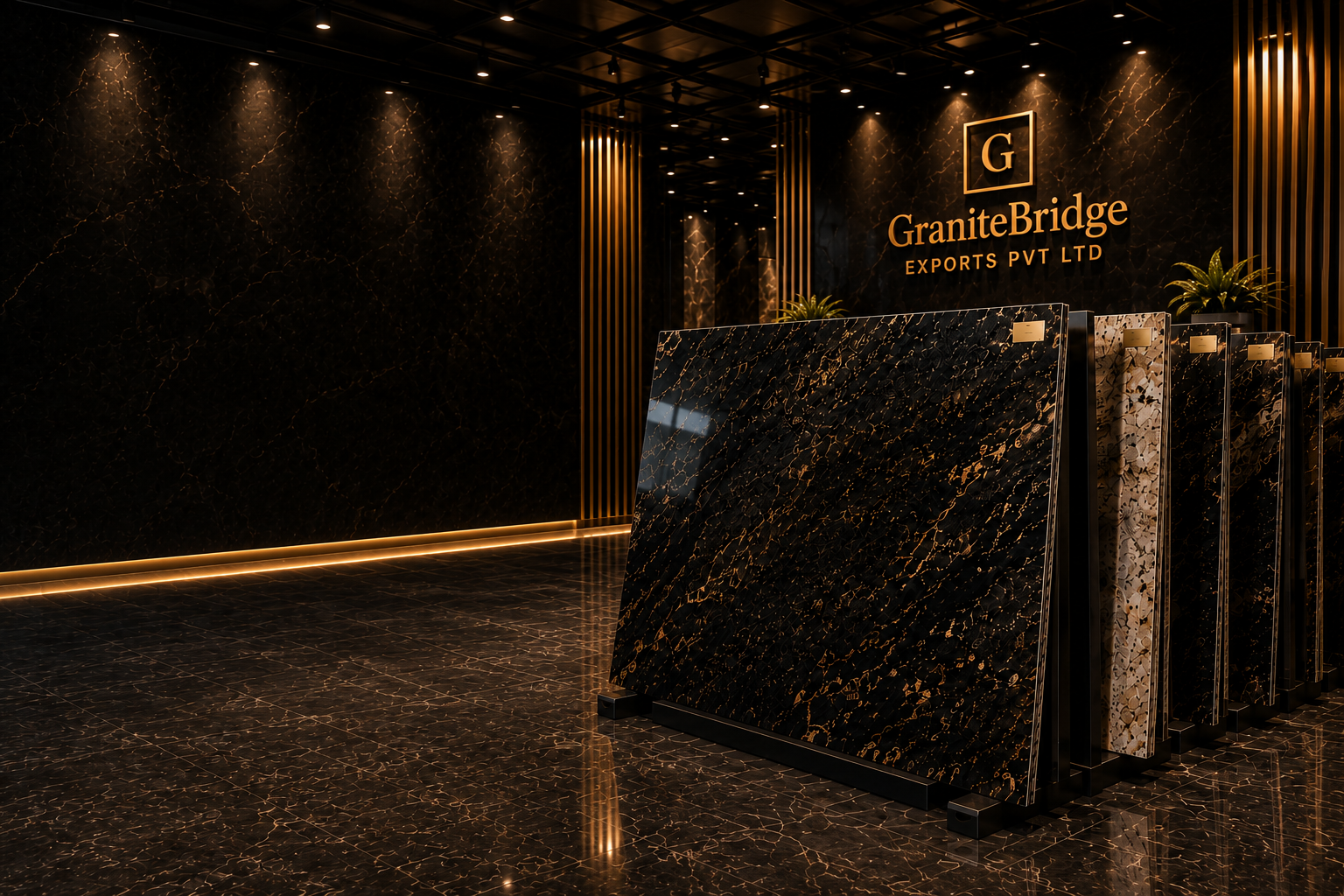 Premium luxury granite showroom with polished Indian stone slabs
